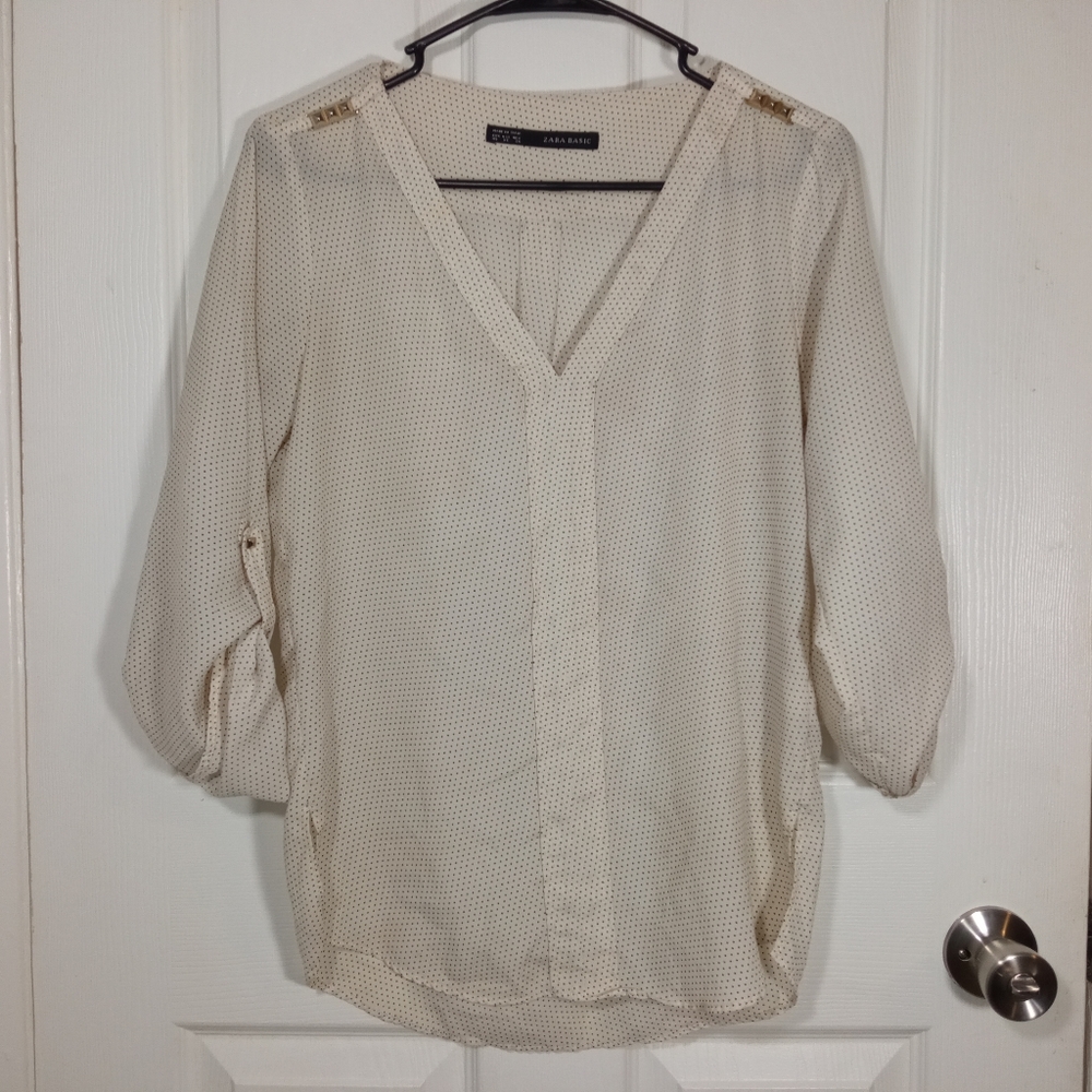 Zara Basic Women's White Black Polka Dot Button Cuff Top Blouse Medium